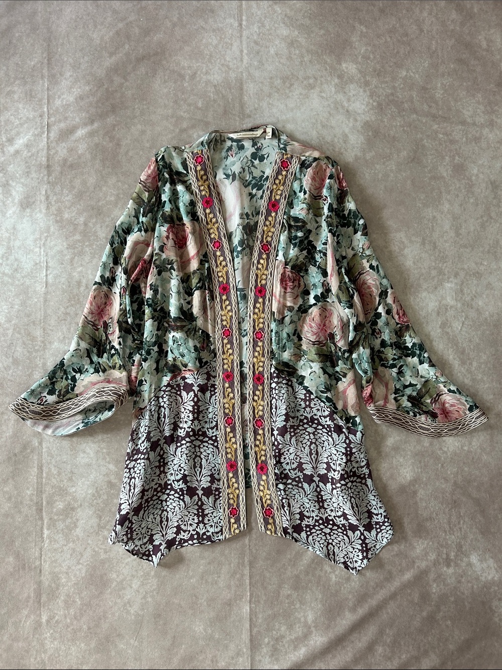 Soft Surroundings Floral Printed Kimono Open Cardigan Pink Green Embroidered M